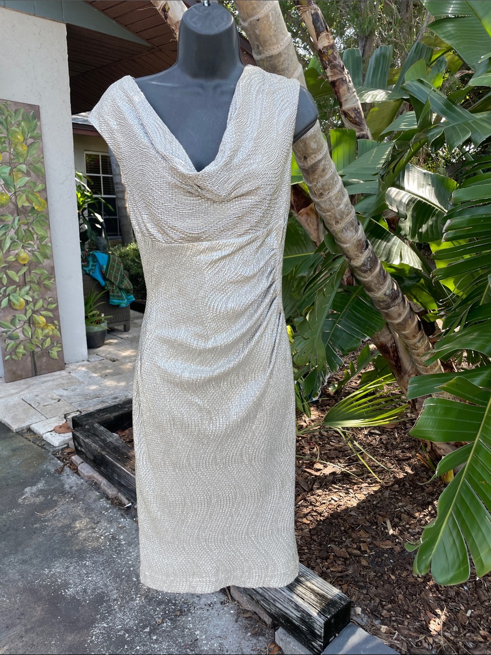 Ralph Lauren Cowl neck, silver cocktail dress